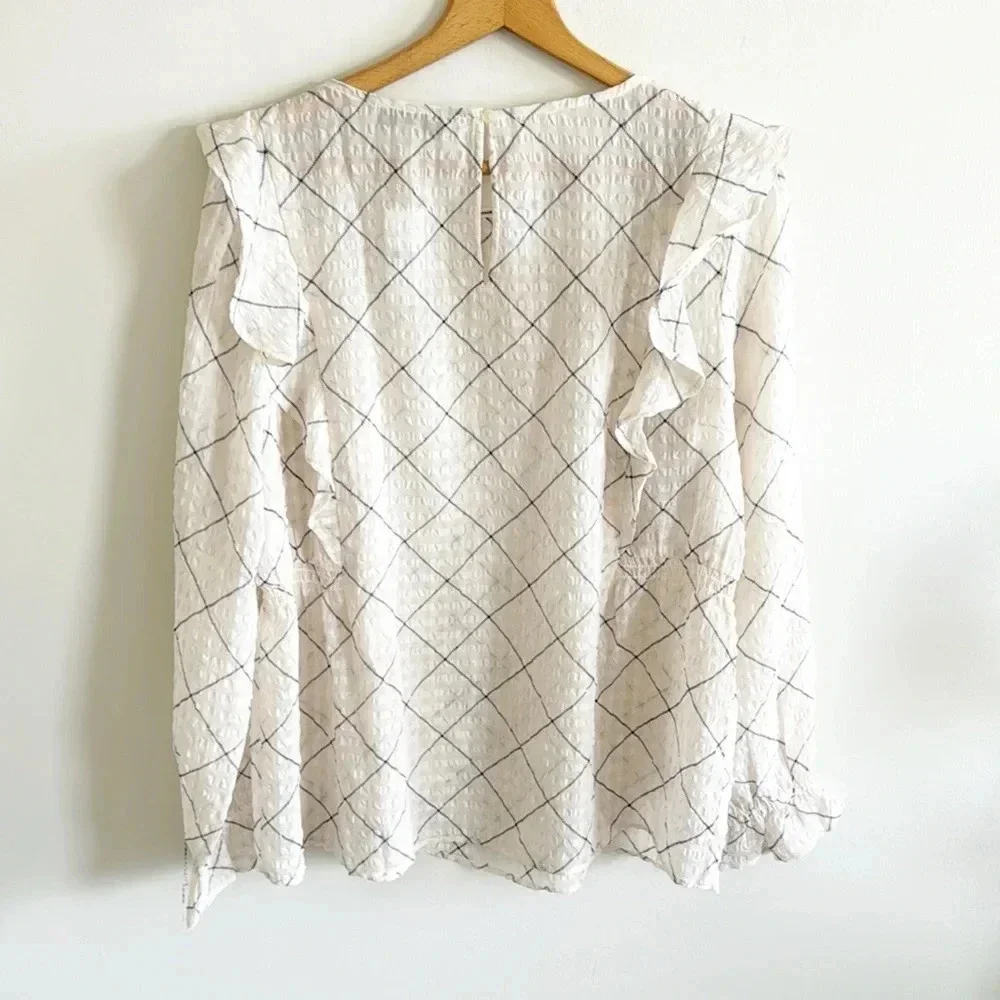 Loft cream/ivory Plaid Ruffle Blouse size large NWT - Picture 8 of 10